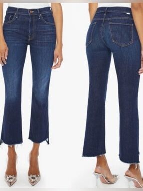 MOTHER Dark Blue Raw Hem Cropped Flare Jeans